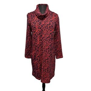Komil Abstract Print Cowl Neck Dress Size Med Black Red Long Sleeve Pockets